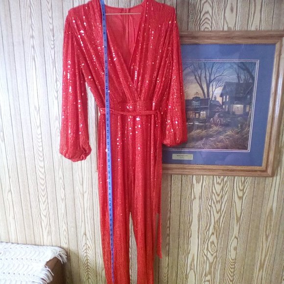 Women V Neck Jumpsuit Onesie | Red Sequin | Long Sleeve | Sexy, Casual - Picture 2 of 5
